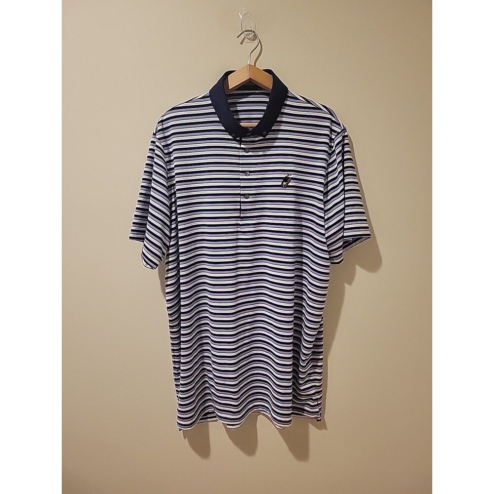 Greyson Polo Shirt Mens XL Forest Creek Golf Club Navy/Purple Stripe Performance